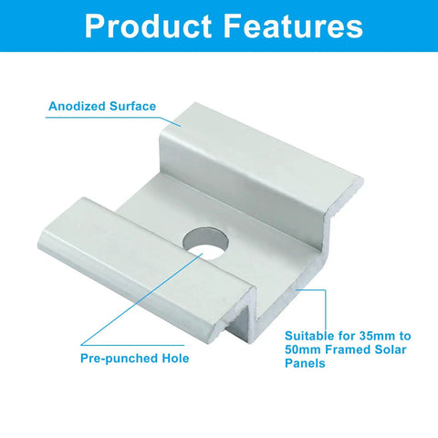 Heavy Duty Aluminum Solar Panel Mid Clamps 12 Pack For Rooftop PV Systems Adjustable Mounting Brackets close-up with pre-punched hole.