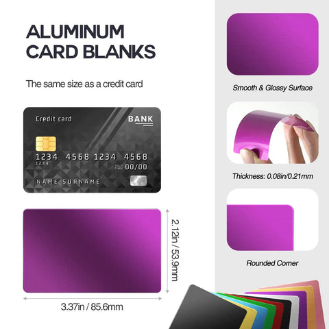 Colorful Aluminum Metal Business Card Blanks Pack Of 200 For Laser Engraving And DIY Cards, 3.37 x 2.12 in, shown in purple color.