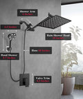 High Pressure Shower System With 10 Inch Rain Shower Head And Handy Handheld Sprayer Dual Function Trim Kit 11 Inch Adjustable Extension Arm And Rough In Valve Included For A Simple Bathroom Upgrade In Modern Chrome with hose and valve dimensions displayed.
