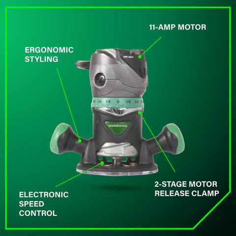 Fixed Base Router Built For Pros With 11 Amp Variable Speed Power And Two And One Quarter Peak HP, Electronic Speed Control
