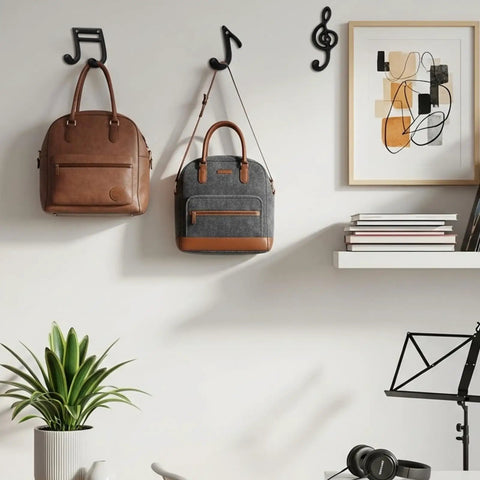 Fresh Black Cast Iron Musical Note Wall Hooks Set Of Three Decorative Coat Rack With Mounting Screws Hanging Clothes Bags And Keys In Music Room Or Kitchen Vibe with bags on hooks.