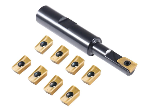 Image of Three Eighths Inch 90 Degree Square Shoulder Indexable End Mill With Ten APKT11T308 Inserts One Flute Half Inch Shank, carbide tool.