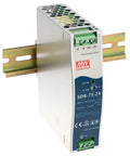 Straight Up Heavy Duty Din Rail Power Supply 24 Volt 3.2 Amp 75 Watt Single Output Industrial Box with terminals attached.
