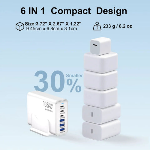 GaN Desktop Charging Hub 165W Six-Port USB C And USB A Fast Charger with size comparison.