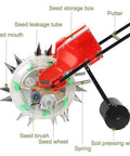 Top view of Push Garden Seeder With Dual Seed And Fertilizer Buckets Hand Powered Roller showing labeled components