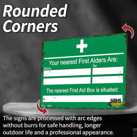 12 By 8 Inch Aluminum First Aid Contact Information Metal Sign, rounded corners, durable rust resistant, safety notice display