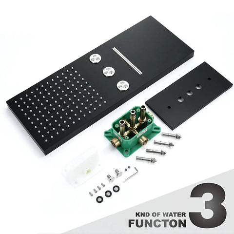 Components of Modern Matte Black Shower System With Waterfall Rain Head, including shower panel and brass mixer assembly.