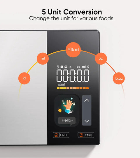 Smart Nutrition Scale For Real Foodies Tracks Calories Fat Carbs And Protein With TFT Display And Easy App Sync close-up of unit conversion feature