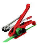Dude, this portable manual strapping machine is totally rad for packing. Lightweight red tool with green PET strap.