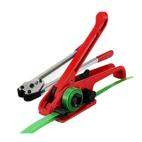 Dude, this portable manual strapping machine is totally rad for packing. Lightweight red tool with green PET strap.