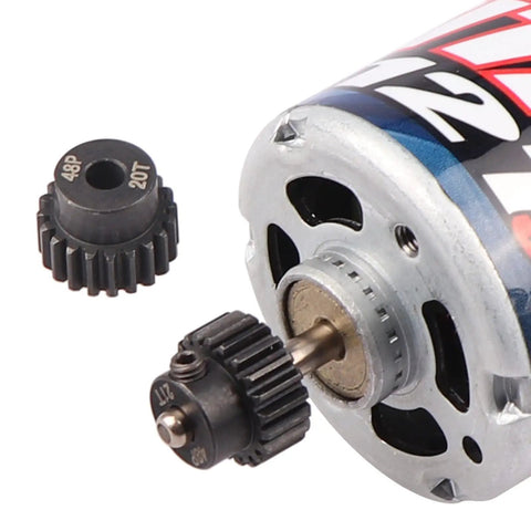 Five Pack 48P RC Pinion Gears Set 17T 18T 19T 20T 21T for 1Tenth Scale RC Cars with 3.175mm Shaft next to motor