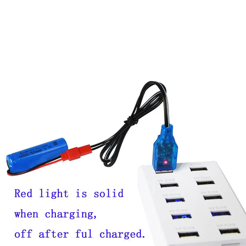 3.7V 400mA 1S Li Ion USB Charging Cable With Red JST Plug connected to power strip, red light indicator solid
