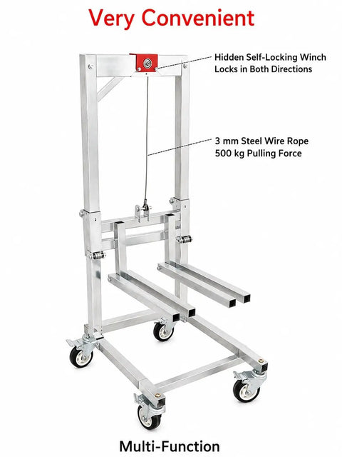 Heavy Duty Portable Manual Lift Stack With Folding Winch Crank Handle Material Handler for 132 Lb Loads with steel rope.