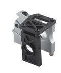Front view of black plastic brushless motor mount with aluminum base for 1/8 scale RC car.