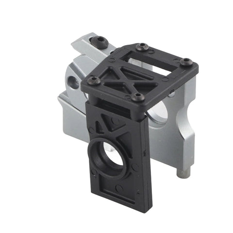 Front view of black plastic brushless motor mount with aluminum base for 1/8 scale RC car.