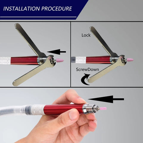 Installation procedure for Ready To Roll 58000 Rpm Air Pencil Grinder 17Pc Pneumatic Micro Die Kit with tool attachment steps.