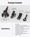 Package contents of 3 Inch Suction Cup Camera Mount With Dual Ball Head Arm And Quick Release, CA104 model.
