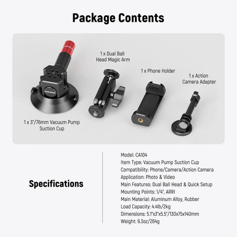Package contents of 3 Inch Suction Cup Camera Mount With Dual Ball Head Arm And Quick Release, CA104 model.