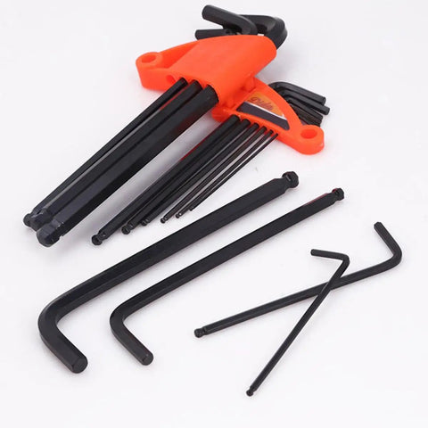 Top-Notch 9-Piece Ball-End Hex Key Wrench Set With Extended Medium-Length Handles And Black Oxide Finish For Rock Hard Mechanical And Home Maintenance Jobs, black hex keys in orange holder