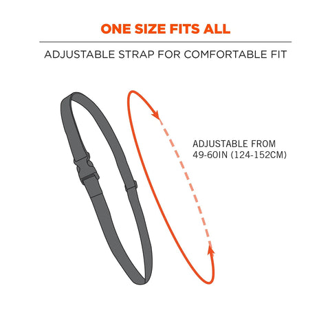 Sling Style Barcode Scanner Harness With Tethering Lanyard For Quick Access Built For The Grind Industrial Grade Tough, adjustable strap diagram showing 49-60 inches range, black.