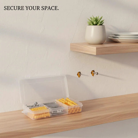Plastic Hollow Wall Anchors With Stainless Steel Screws For Drywall And Masonry Expansion Mount Kit on wooden shelf next to plant