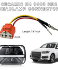 Image of Ceramic H4 9003 HB2 Wiring Harness Socket Kit showing pigtail connector with nonstandard pins next to headlight and car.
