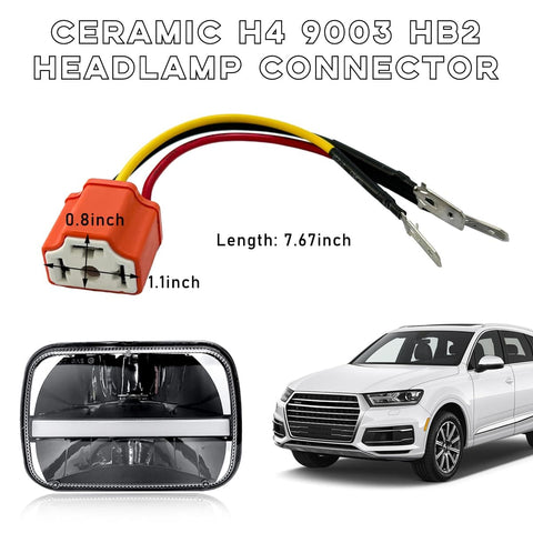 Image of Ceramic H4 9003 HB2 Wiring Harness Socket Kit showing pigtail connector with nonstandard pins next to headlight and car.