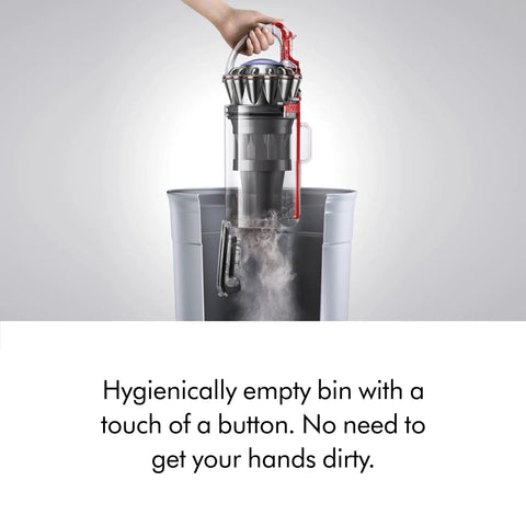 Ball Animal 3 Upright Vacuum With Detangling Motorbar Cleaner Head bin being emptied into trash can