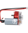 Heavy Duty RC Gearbox With 050 50T Steel Motor For RC Cars showing sealed motor with red alloy housing and transparent cover.