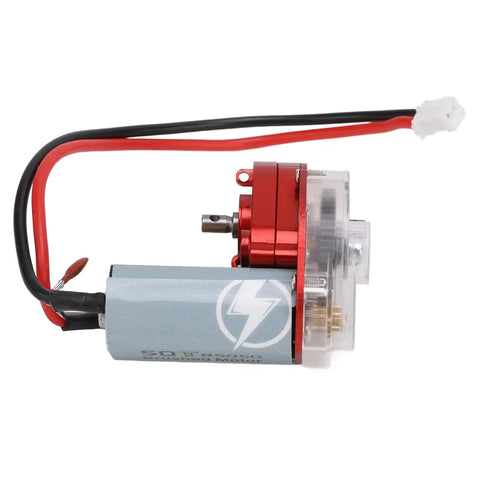 Heavy Duty RC Gearbox With 050 50T Steel Motor For RC Cars showing sealed motor with red alloy housing and transparent cover.