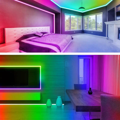 Battery Operated RGB LED Strip Lights 13.12 Ft colorfully illuminating a bedroom and living room with flexible adhesive backing.