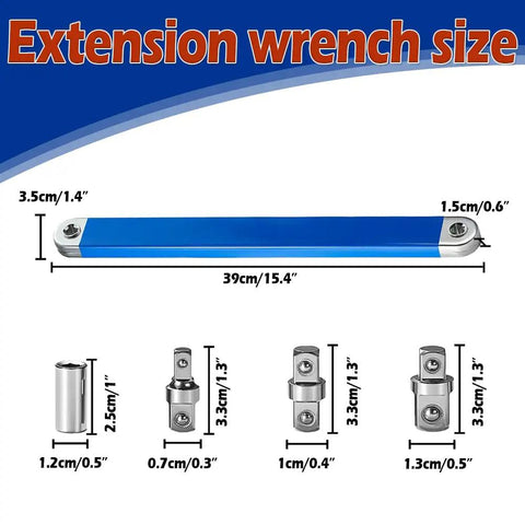 Wrench Extender Kit With Non Swivel Leveraging Ratchet Socket Tool And Two Adapters For Tight Spaces size diagram