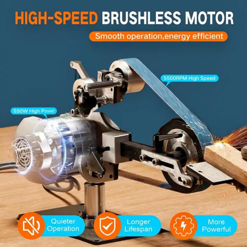 Heavy Duty Belt Grinder Sander 30X1 Inch With VFD Variable Speed Drive And Powerful 550W Brushless Motor showcasing motor and sanding operation.