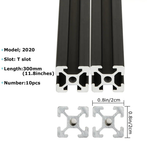 10 Pack 2020 T Slot Aluminum Extrusion 300mm European Standard Anodized Black for DIY 3D Printers with T slot cross section.