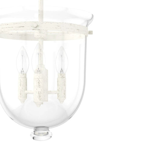 Close-up of Go-To 3-Light Rustic White Pendant Light Dimmable, Medium Urn Style with clear glass shade in rustic white finish.