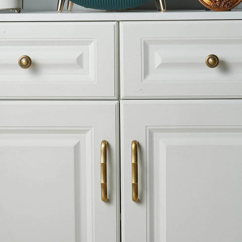 Solid Brass Cabinet Pulls 5 Pack, 5 Inch Hole Center Drawer Handles, Premium Hardware For Cupboard, Dresser, Wardrobe, And Bathroom Fixtures, Modern Classic Design, Durable, Easy Install, Rich Brassy Shine on white cabinet