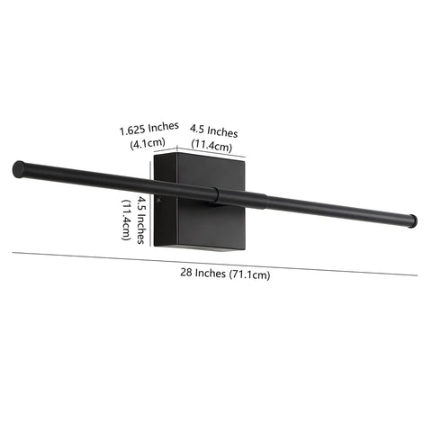 Black 28-Inch Modern Dimmable Integrated LED Wall Sconce for Bathrooms and Hallways, metal vanity light dimensions shown