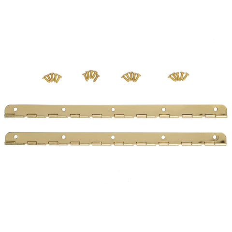 Premium Long Brass Plated Piano Hinges With A Firm 90 Degree Stop And Included Fasteners, heavy steel design for storage lids.