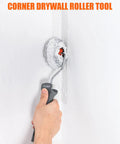 Four Pack Drywall Corner Roller Kit With Two Inch Threaded Frame And Half Inch Nap Covers For Slick Joint Compound Application That Goes On Smooth And Makes Wall Finishing Work A Breeze, close-up of corner roller in use.