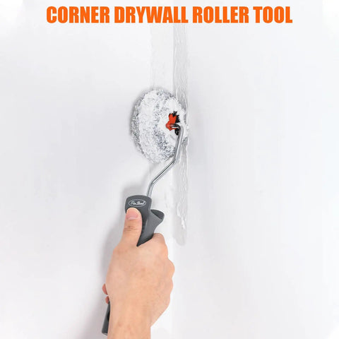 Four Pack Drywall Corner Roller Kit With Two Inch Threaded Frame And Half Inch Nap Covers For Slick Joint Compound Application That Goes On Smooth And Makes Wall Finishing Work A Breeze, close-up of corner roller in use.