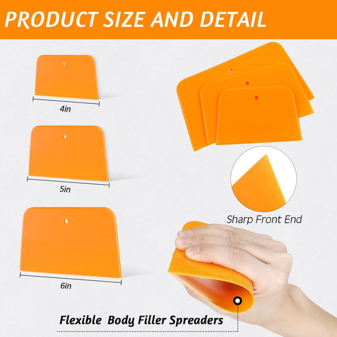 Six Piece Body Filler Spreaders Set For DIY Auto Body Repair, Trapezoid Plastic Applicator Tools, 4in 5in 6in sizes shown