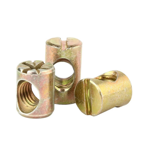 Close-up of M6 and M8 barrel nuts for furniture assembly, showing cross dowel with horizontal slot and hammer embedded nut, 10 pieces.