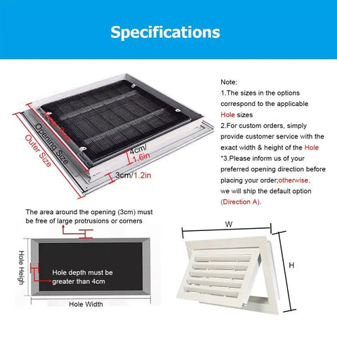 Heavy Duty Aluminum Alloy Wall And Ceiling Vent Cover With Waterproof Louvered Filter Grill, dimensions and specifications shown.