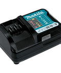 Makita lithium-ion battery charger for Super Lightweight 12v Max CXT Cordless Two Piece Combo Kit, compact design.