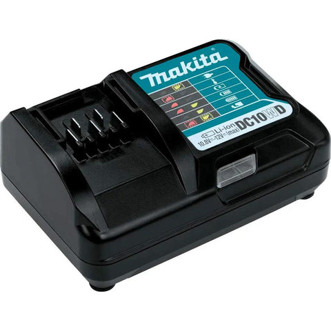 Makita lithium-ion battery charger for Super Lightweight 12v Max CXT Cordless Two Piece Combo Kit, compact design.