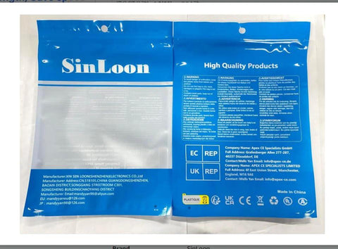 SinLoon Visual Fault Locator packaging bags, blue with white SinLoon logo, two bags visible.