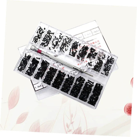Handy Dandy Miniature Hardware Screw Set With Countersunk Round Heads And Solid Carbon Steel Build Perfect For Eyeglass Watch Repair Handyman Projects Smooth Operator Toolkit Neat Storage Box Included, showing black screws in organized compartments.