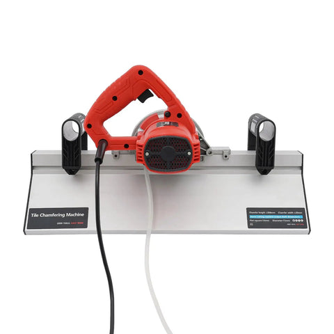 Heavy Duty Electric Tile Bevel Cutter With A Razor Sharp 1200W Saw Blade Spinning At 13000 RPM For Quick Ceramic Tile 43 Degree Chamfering And Effortless Water Cooled Cutting, front view with red handle.