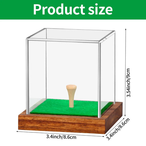 Clear Acrylic Golf Ball Display Case With Wood Base And Tee Holder UV Protected Square Cube Ball Storage Box For Collectors Easy Open Top No Assembly Needed Keeps Your Golf Balls Dust Free Show Off Ready, showing dimensions.