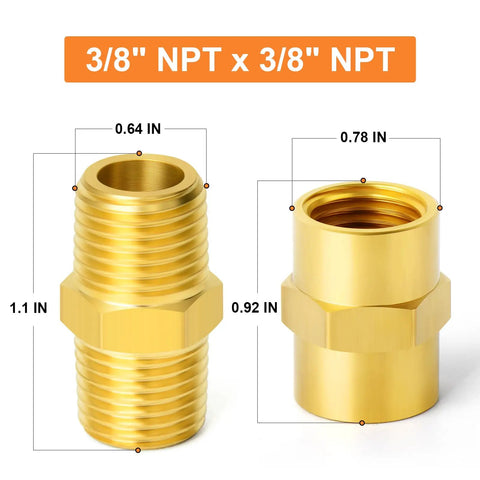 Brass Pipe Fittings Hex Nipple and Hex Coupler 3/8 Inch NPT Male and Female Threads, corrosion resistant, durable construction.